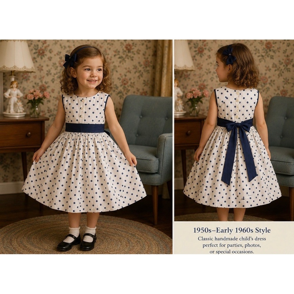 Vintage 1950s Handmade Polka Dot Dress Navy White Girls Size 3-4 Occasion